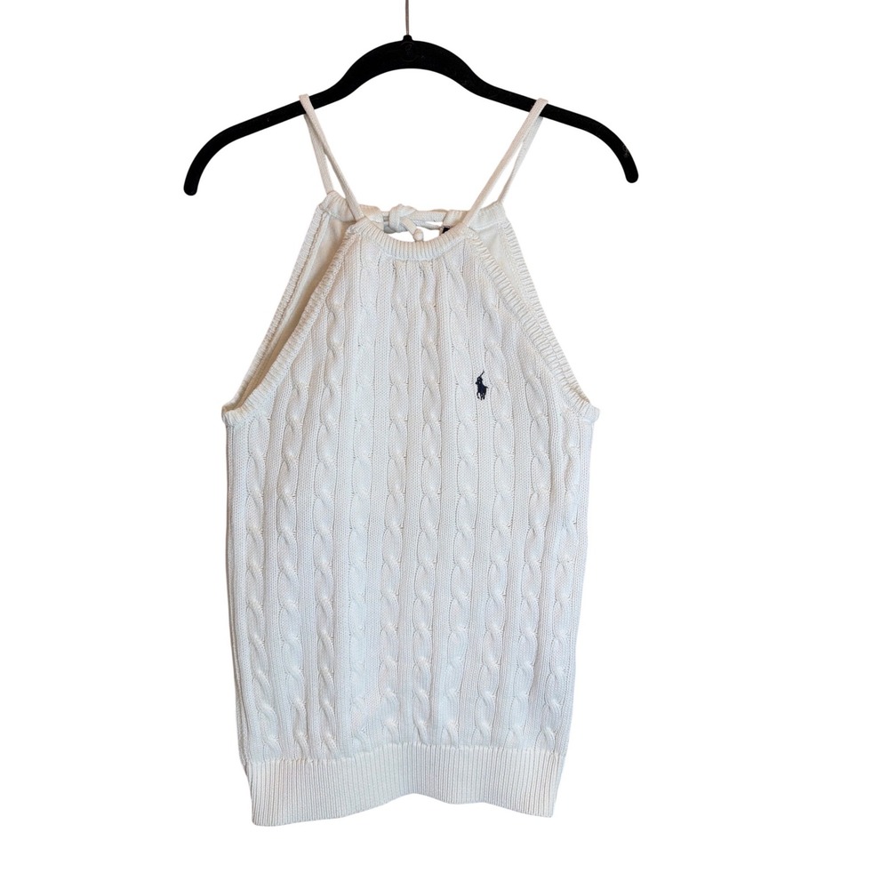Ralph Lauren Womens White Cable Knit Halter Top Sweater Pony Logo Medium